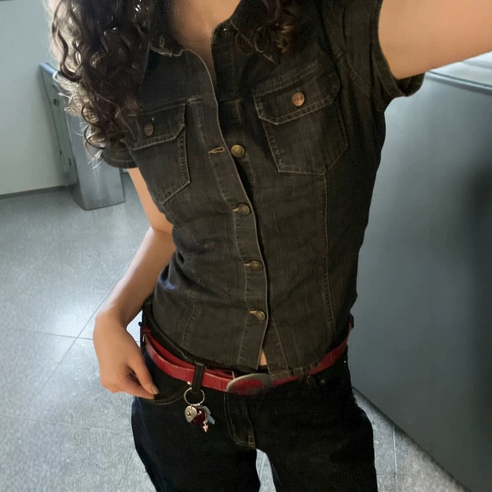 Womens Retro Denim Shirt Short Sleeve Lapel Pocket