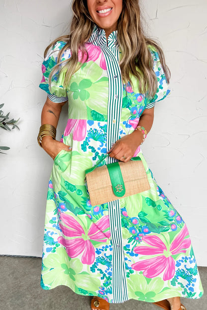 Roze vakantiejurk met bloemenprint gestreepte bies knoopsluiting en korte mouwen