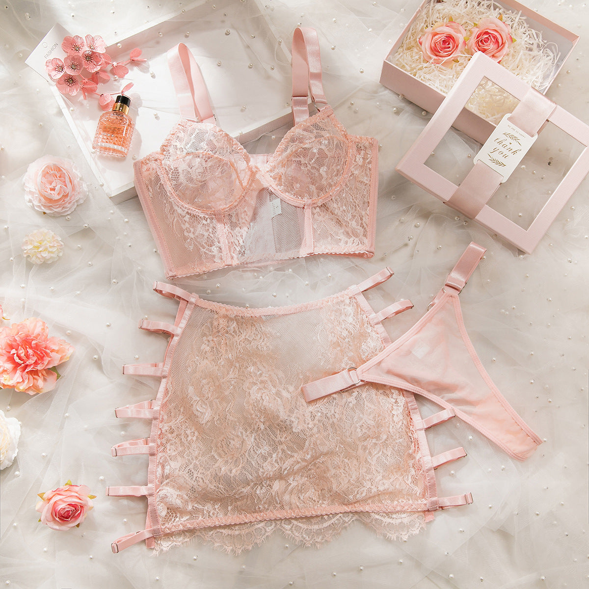 Embroidered Mesh Underwear Set with Steel Rings