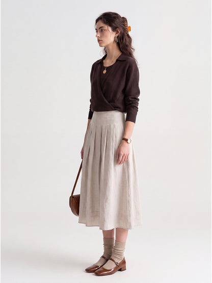 Women's High-Waisted Linen A-Line Pleated Skirt