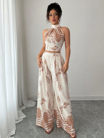 Womens Halter Neck Tank Top and Wide-Leg Pants Set