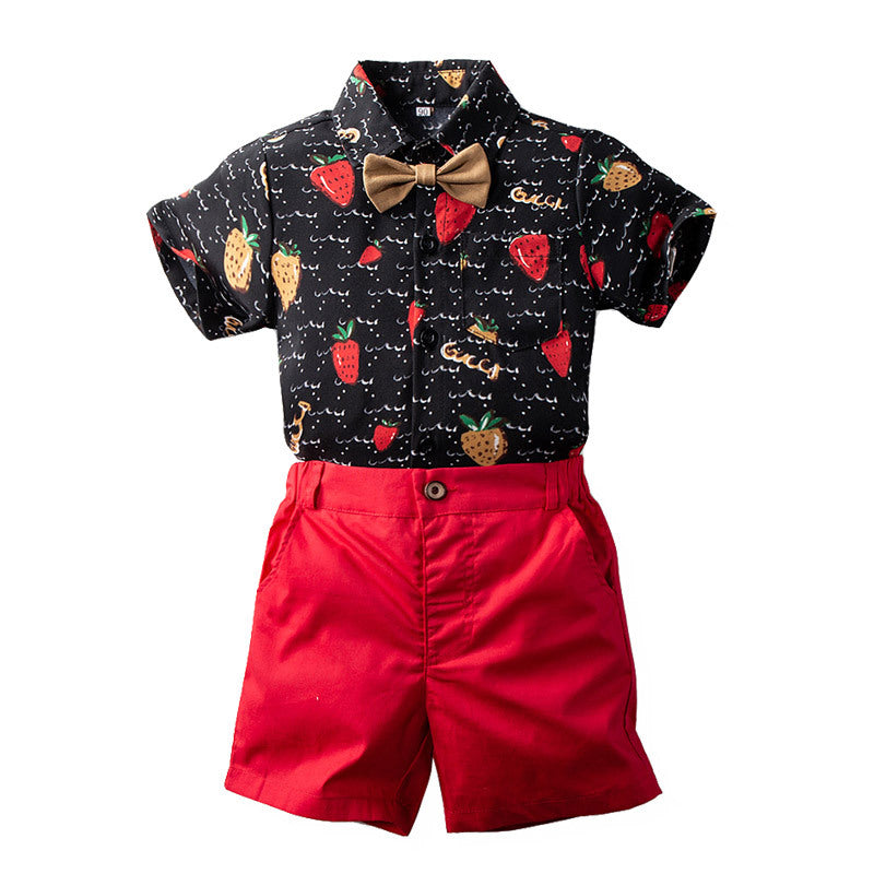 One Piece Summer New Boys Short Sleeve Strawberry Shirt Shorts Suit European And American Bow Tie Two Piece Wholesale