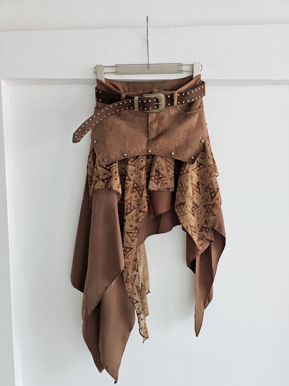 Patchwork Faux Suede Chiffon Midi Skirt