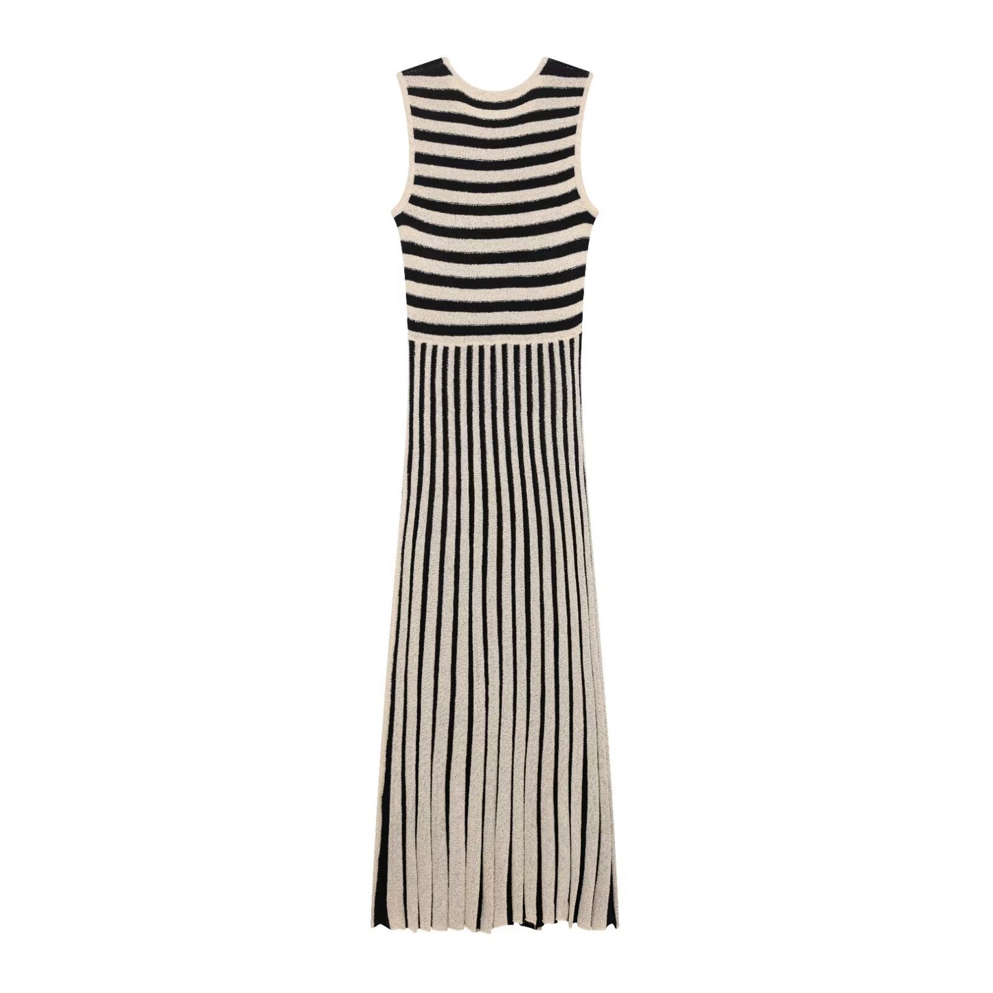 Summer Fashion Round Neck Sleeveless Striped Midi Dress for Women