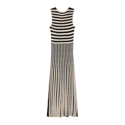 Summer Fashion Round Neck Sleeveless Striped Midi Dress for Women