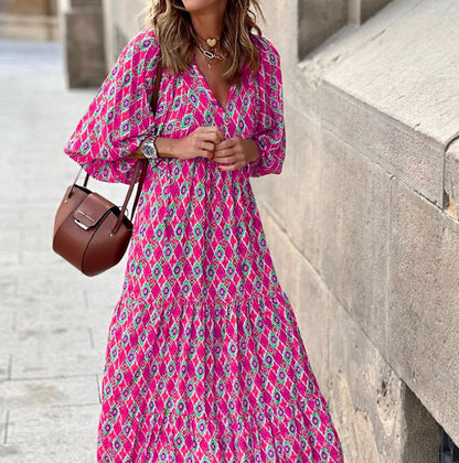 Geometric Print Puff Sleeve V-Neck Long Dress