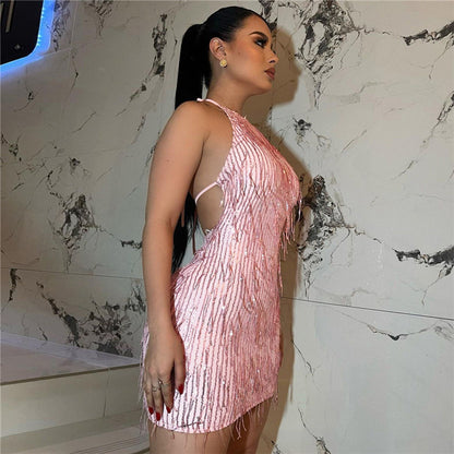 Sexy halter rugloze pailletten kwastjurk