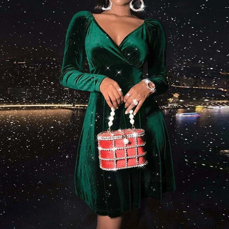 Fluwelen Lange Mouw V-hals Jurk