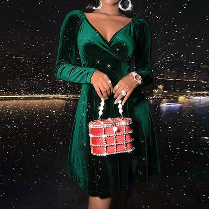 Fluwelen Lange Mouw V-hals Jurk