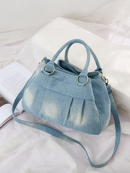 Vintage Denim Three-Pocket Crossbody Shoulder Bag