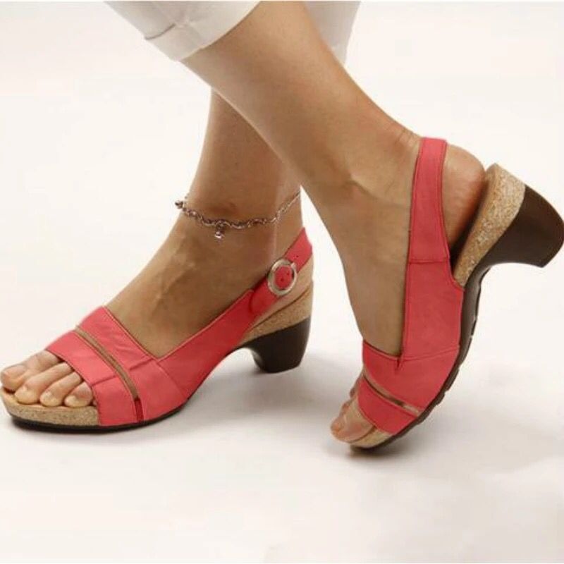New Summer Medium Heel Thick Bottom Buckle Fish Mouth Sandals Womens Large Heels