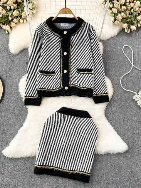 Women O-Neck Stripe Knitted Sweater Skirt Sets Autumn Wrap Hip Skirt Two Piece Suit Cardigans 2 Piece Sets Womens Outifits