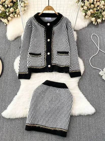 Women O-Neck Stripe Knitted Sweater Skirt Sets Autumn Wrap Hip Skirt Two Piece Suit Cardigans 2 Piece Sets Womens Outifits