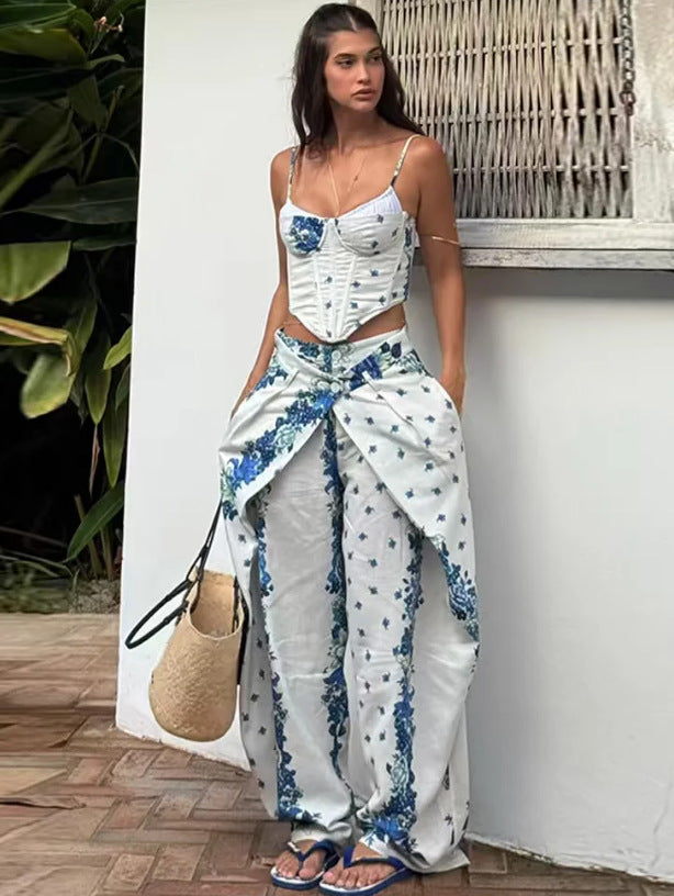 Floral Print Crop Top and Pants Set, Boho Style, Summer Outfit, Allover Print, Sleeveless, Fitted, Casual Wear