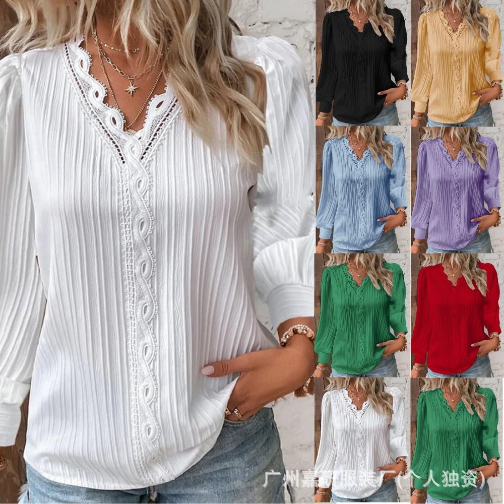 2025 Cross-Border Hot Selling Amazon Autum Long-Sleeved V Neck Lace Splicing Shirt Women's Shirt Women's Clothing Ready Supply