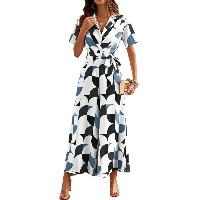 Spring and summer women's temperament short sleeved contrasting printed high waisted jumpsuit