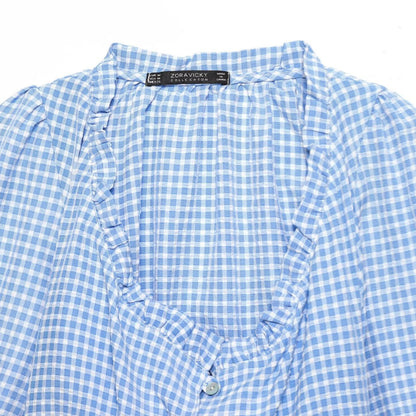 Pure Desire Style Square Neck Blue Grid Short Long Sleeve Top