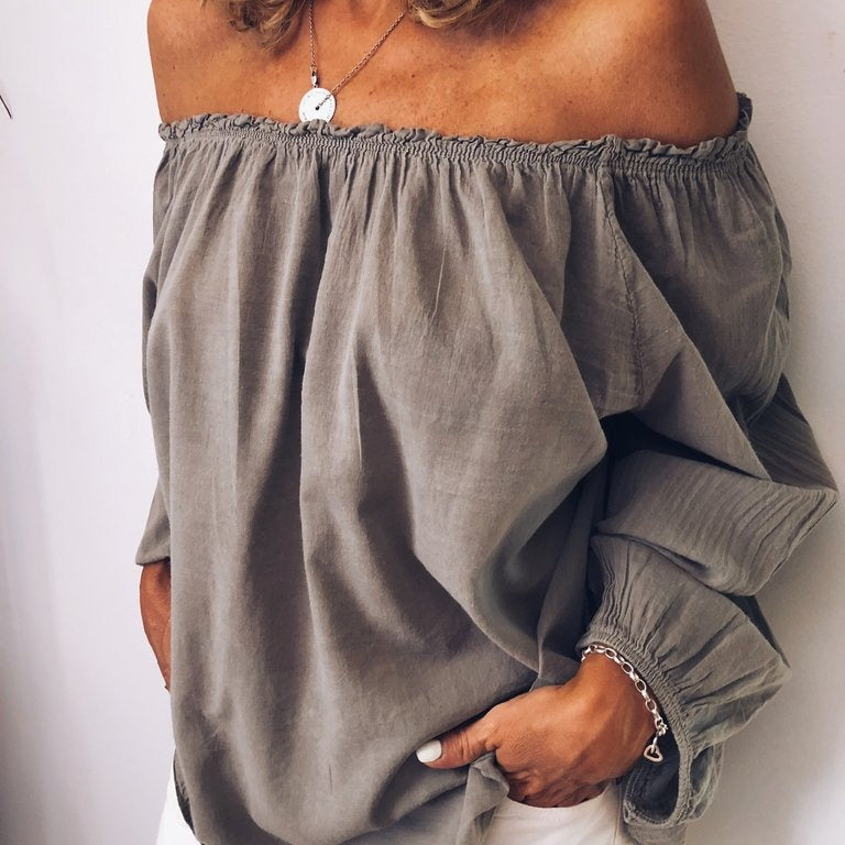 Womens Off The Shoulder Elastic Ruched Cotton Linen Long Sleeve Shirt