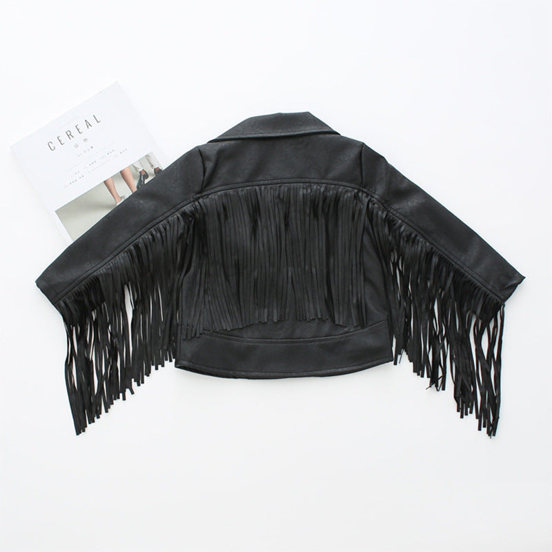 Ins Girls' Leather Jacket Korean Style Jacket Leather Jacket Children's PU Leather European And American Style Jacket Children's Wear Tassel Leather Jacket