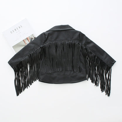 Ins Girls' Leather Jacket Korean Style Jacket Leather Jacket Children's PU Leather European And American Style Jacket Children's Wear Tassel Leather Jacket
