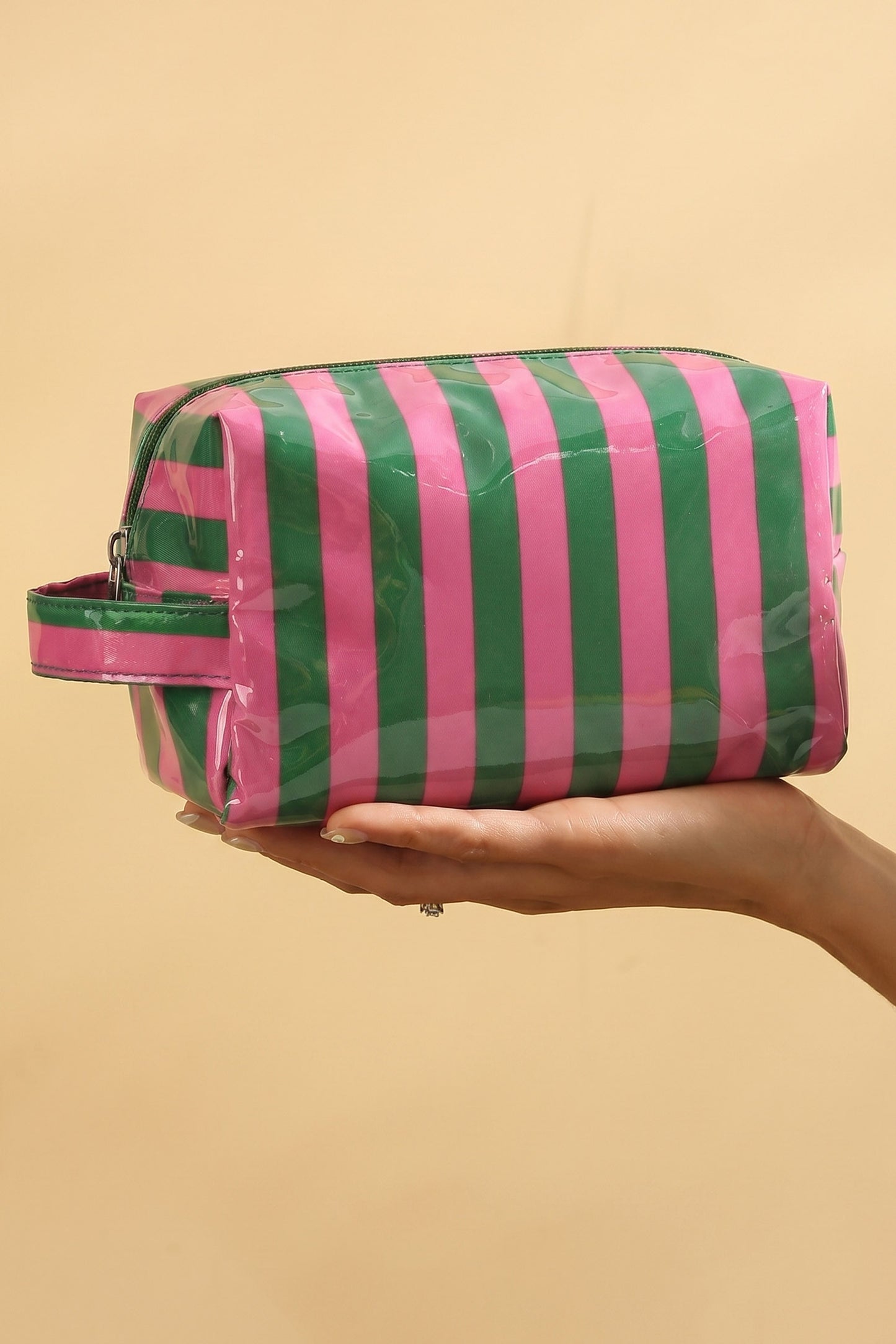 PVC gestreepte cosmetische tas met duurzame ritssluiting en handvat