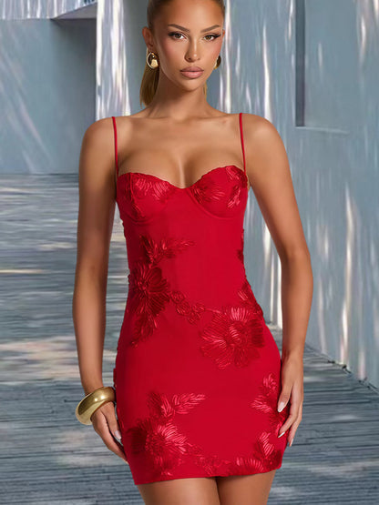 Elegant Floral Embroidery Suspender Dress