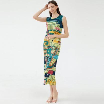 Summer new elegant animal waist slim fit round neck temperament pleated casual style dress for women
