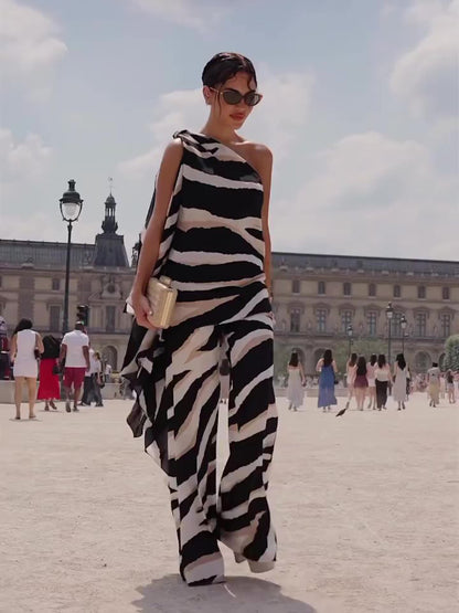 Zebraprint top met één schouder onregelmatige zoom wijde pijpen pak