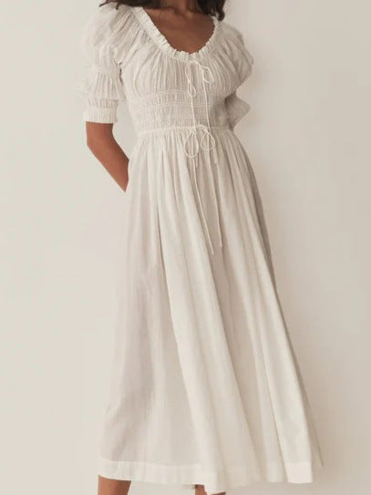 Elegant Retro Puff Sleeve Cotton Dress with Cinched Waist