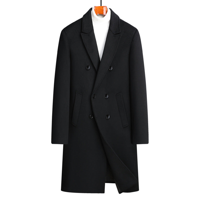 Men Woolen Coat Double Breasted Suit Collar Mid Long Jacket