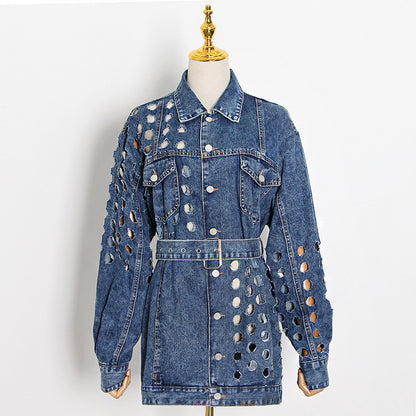 Revers Hollow Design Pure Color Tied Loose Denim Jacket