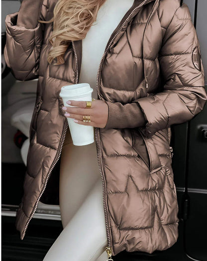 Women Hooded Mid-Length Cotton Jacket Solid Color