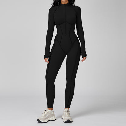 Vertical stripe stand-collar one-piece yoga suit