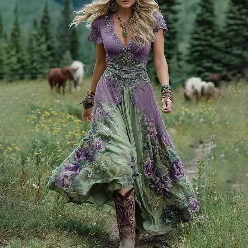 Creatieve dames boho-jurk met borduurwerk en print