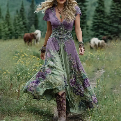 Creatieve dames boho-jurk met borduurwerk en print