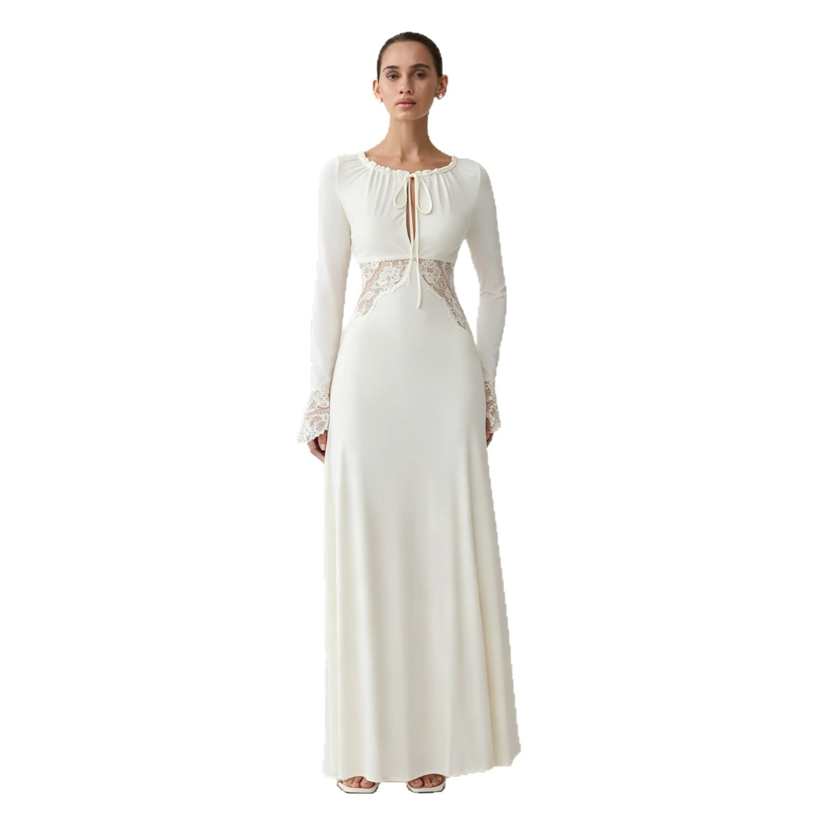 Women's Elegant Lace Patchwork Long Sleeve High-Waist Dress
