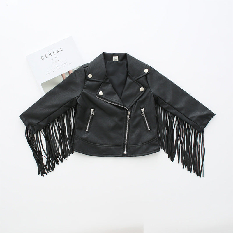 Ins Girls' Leather Jacket Korean Style Jacket Leather Jacket Children's PU Leather European And American Style Jacket Children's Wear Tassel Leather Jacket