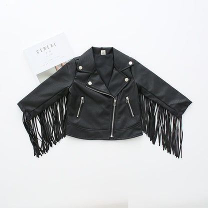Ins Girls' Leather Jacket Korean Style Jacket Leather Jacket Children's PU Leather European And American Style Jacket Children's Wear Tassel Leather Jacket