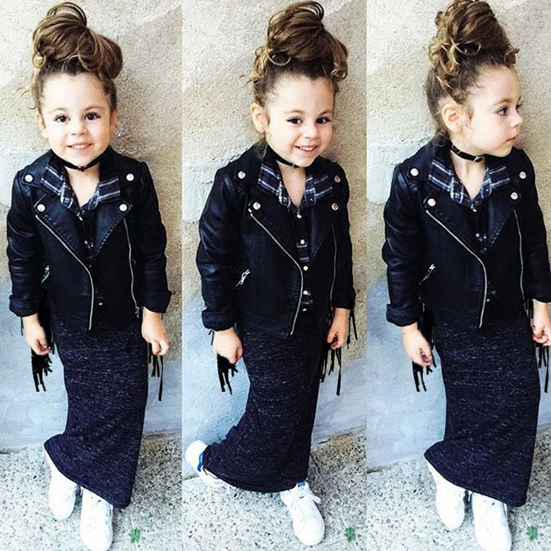 Ins Girls' Leather Jacket Korean Style Jacket Leather Jacket Children's PU Leather European And American Style Jacket Children's Wear Tassel Leather Jacket
