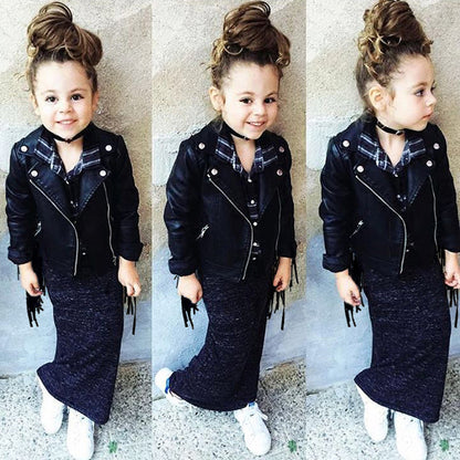 Ins Girls' Leather Jacket Korean Style Jacket Leather Jacket Children's PU Leather European And American Style Jacket Children's Wear Tassel Leather Jacket