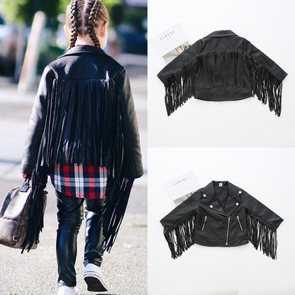 Ins Girls' Leather Jacket Korean Style Jacket Leather Jacket Children's PU Leather European And American Style Jacket Children's Wear Tassel Leather Jacket