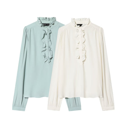 Sweet long sleeved ruffled collar viscose top
