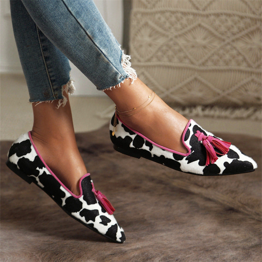 Dames suède ballerina's met spitse neus franjes in gemengde prints