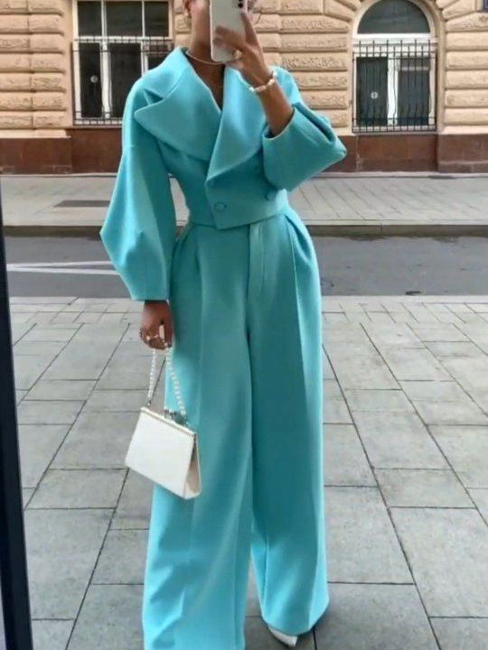 High-End effen kleur revers kort jasje en hoge taille broek pak of apart