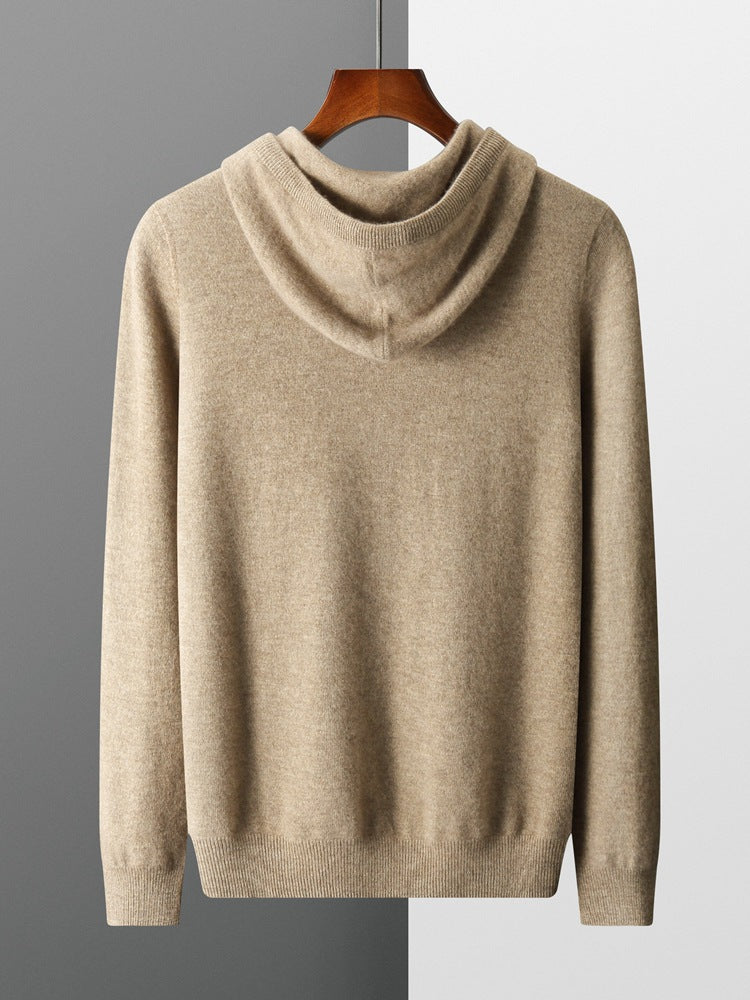Mens Hooded Cashmere Blend Sweater Solid Color Long Sleeve Knit Pullover