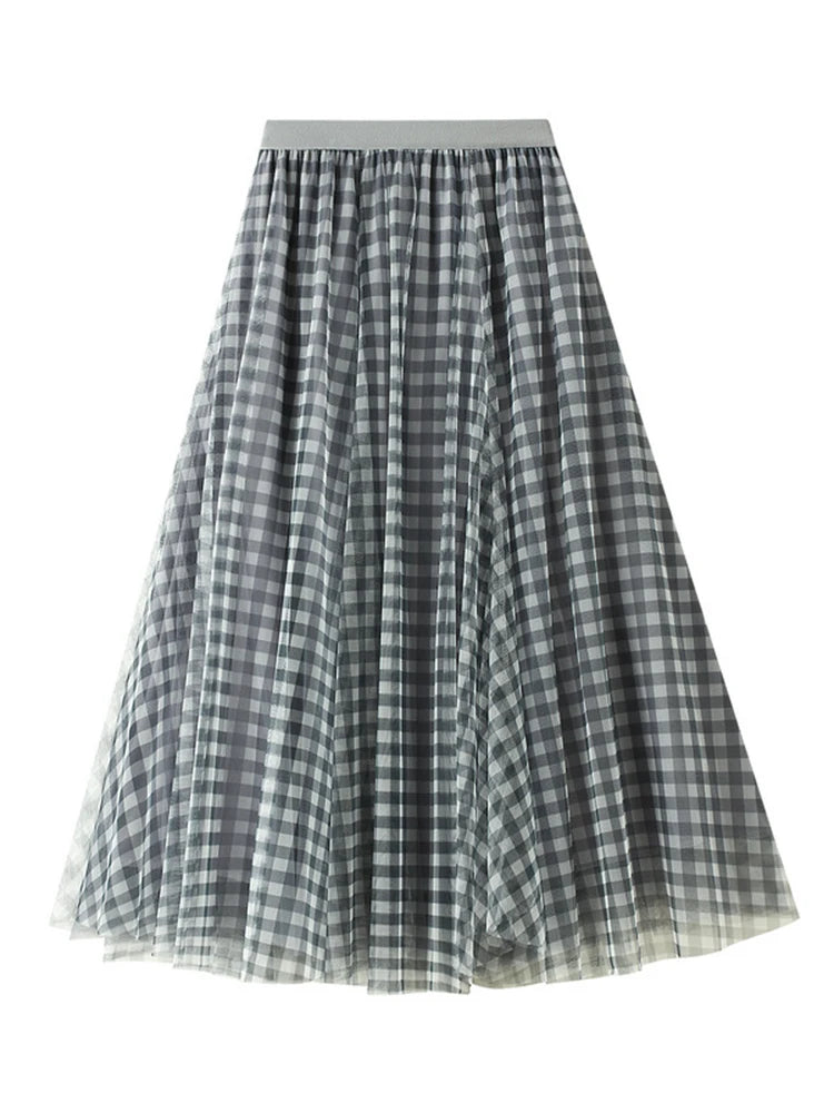 Qooth Women Patchwork Plaid Mesh Skirt Vintage High Waist Long Tulle A-line Skirt For Spring Summer
