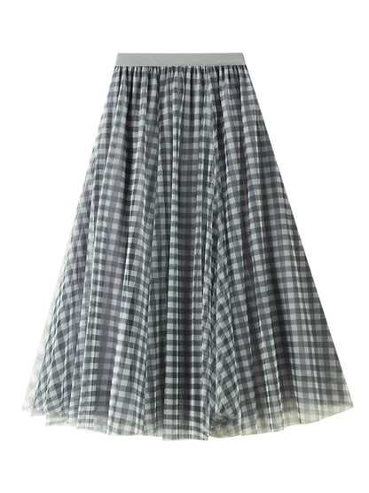 Qooth Women Patchwork Plaid Mesh Skirt Vintage High Waist Long Tulle A-line Skirt For Spring Summer