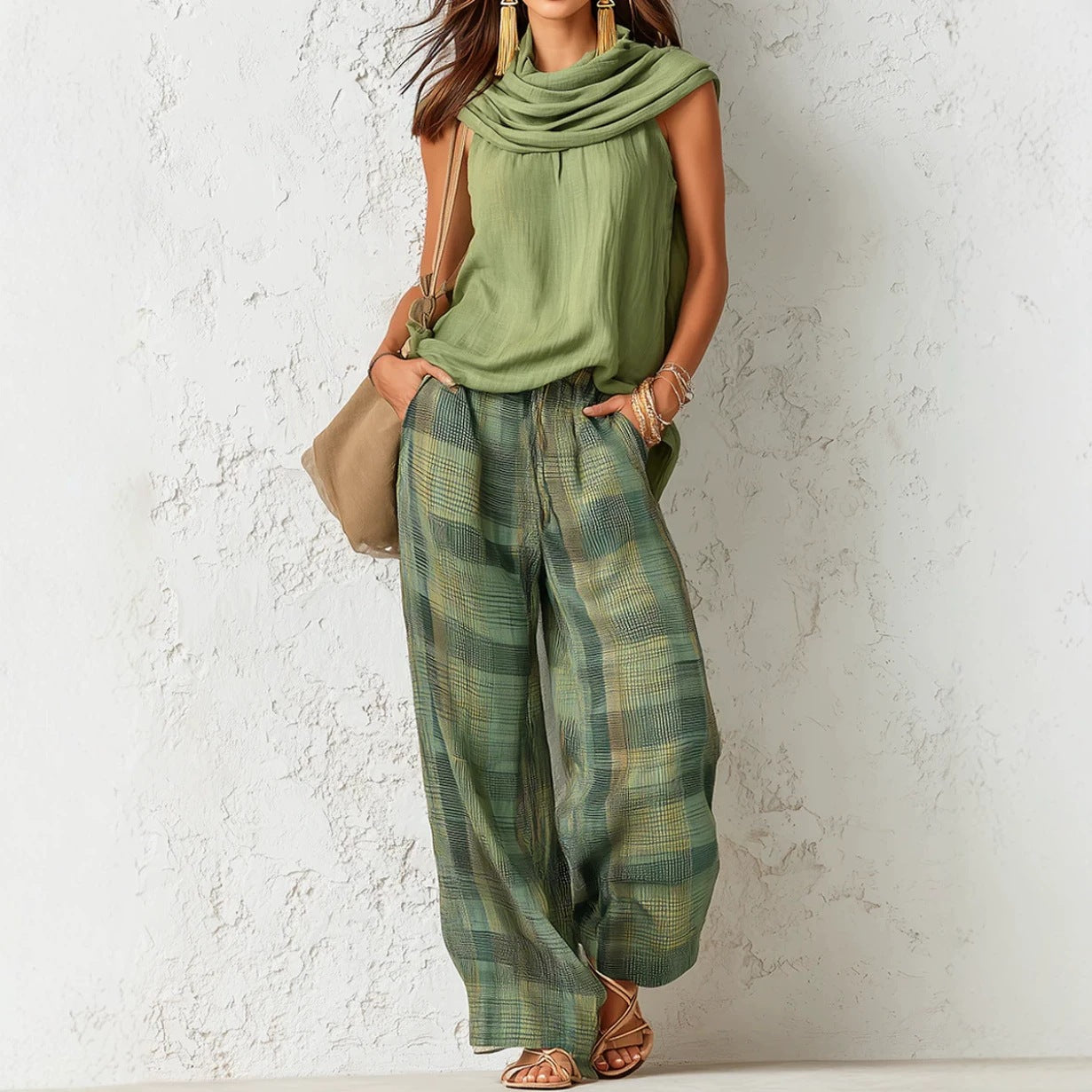 Sleeveless top with plaid pants