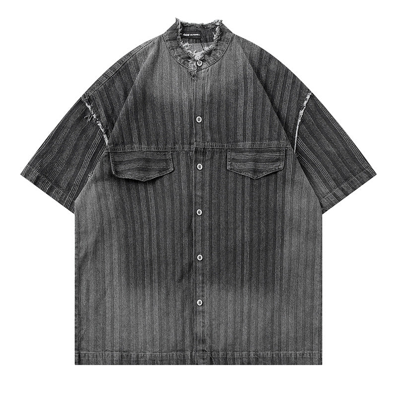 Washed Raw Edge Short Sleeve Shirt Summer Loose Casual Shirt