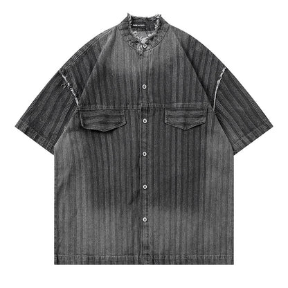 Washed Raw Edge Short Sleeve Shirt Summer Loose Casual Shirt